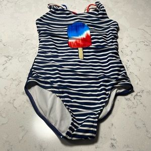 Cat & Jack girls one piece bathing suit. Blue and white stripes patriotic.